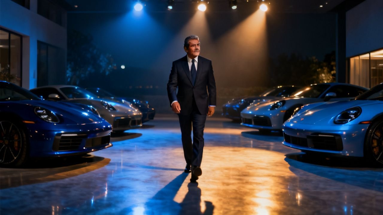 Fila de superdeportivos de lujo como Lamborghini y Ferrari iluminados con reflectores en el jardín de una mansión durante la