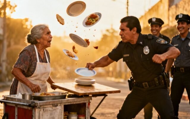 Anciana comerciante de 68 años junto a su carrito de comida rojo en una esquina, recogiendo platos rotos tras un altercado