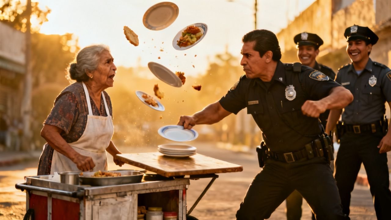 Anciana comerciante de 68 años junto a su carrito de comida rojo en una esquina, recogiendo platos rotos tras un altercado
