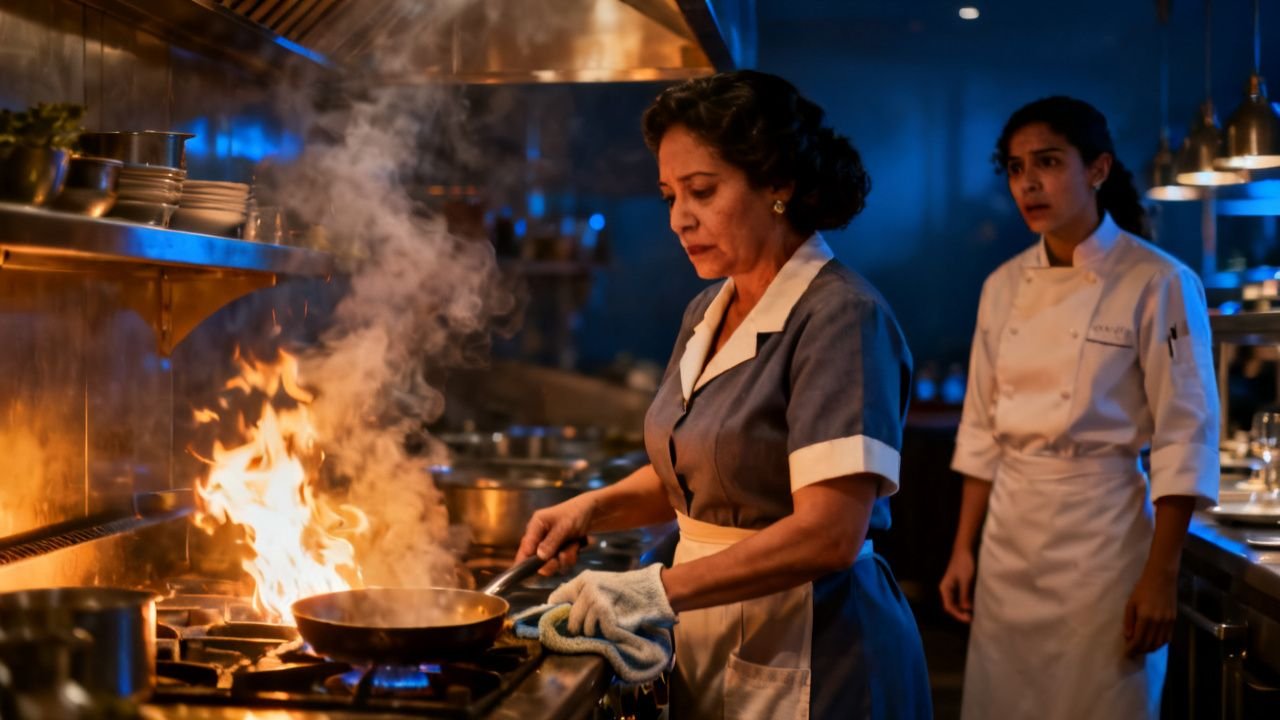 Mujer de limpieza cocinando en una cocina profesional mientras una chef la observa sorprendida
