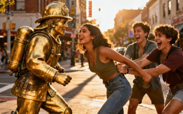 Joven de vestido amarillo frente a estatua dorada de bombero en la calle Ocho de Miami