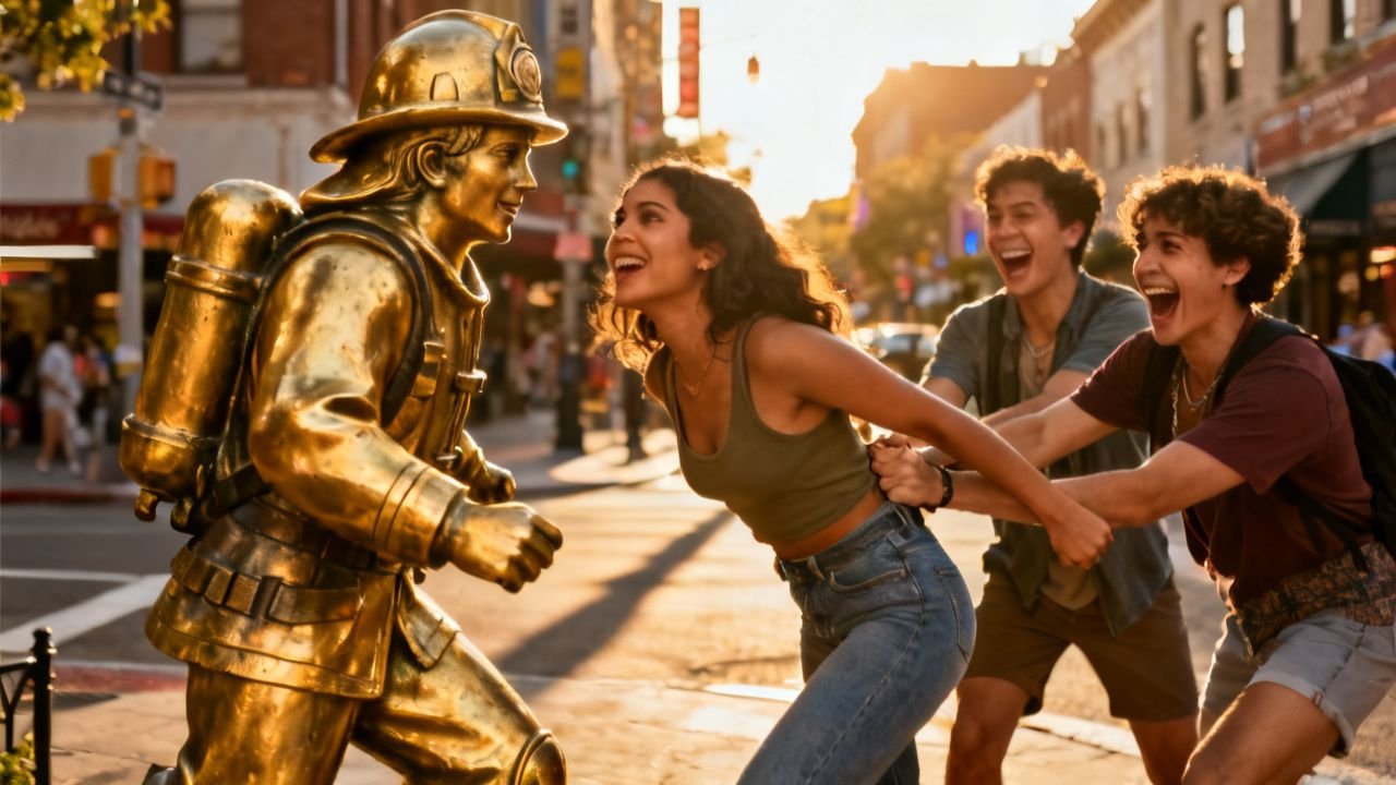 Joven de vestido amarillo frente a estatua dorada de bombero en la calle Ocho de Miami