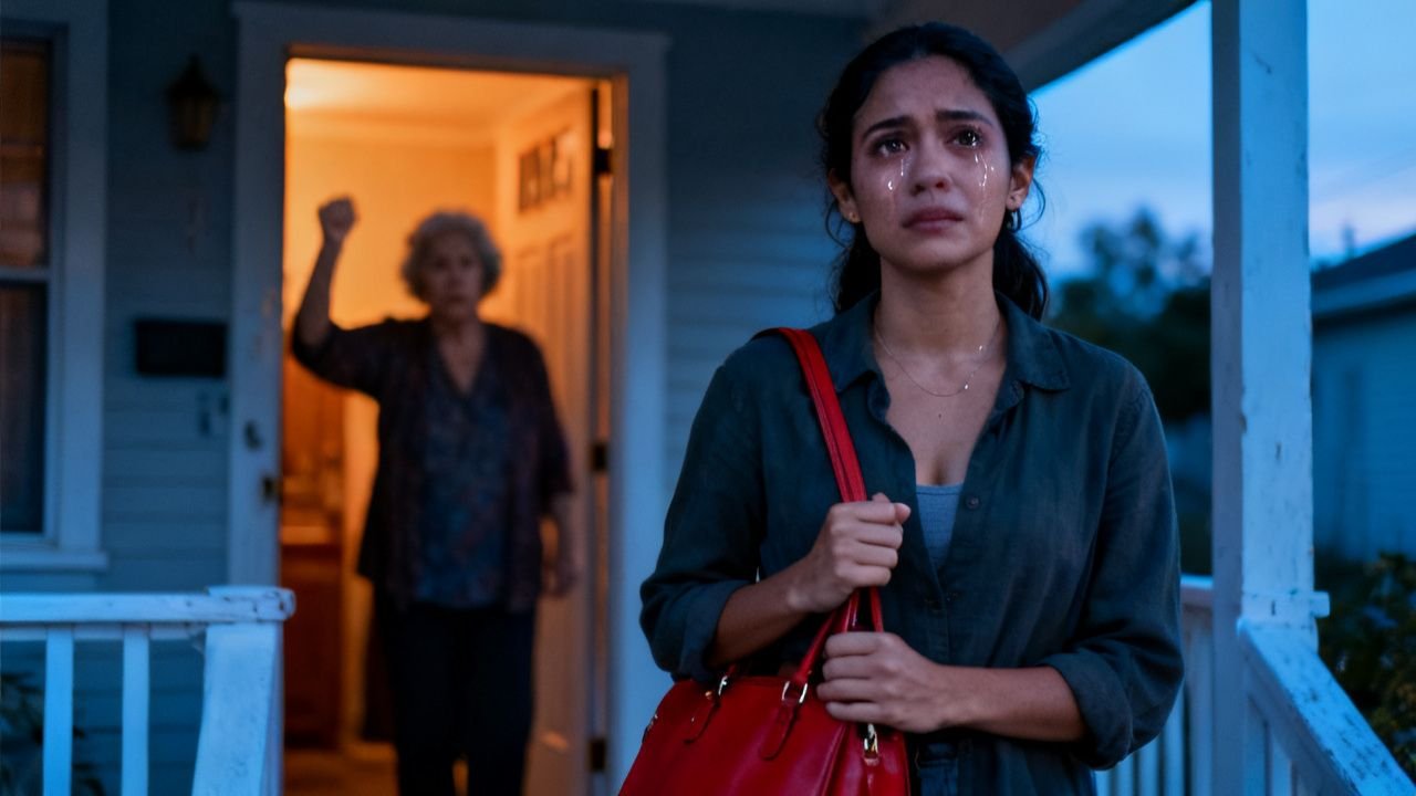 Mujer joven con bolso rojo saliendo de una casa al amanecer, simbolizando libertad y decisión