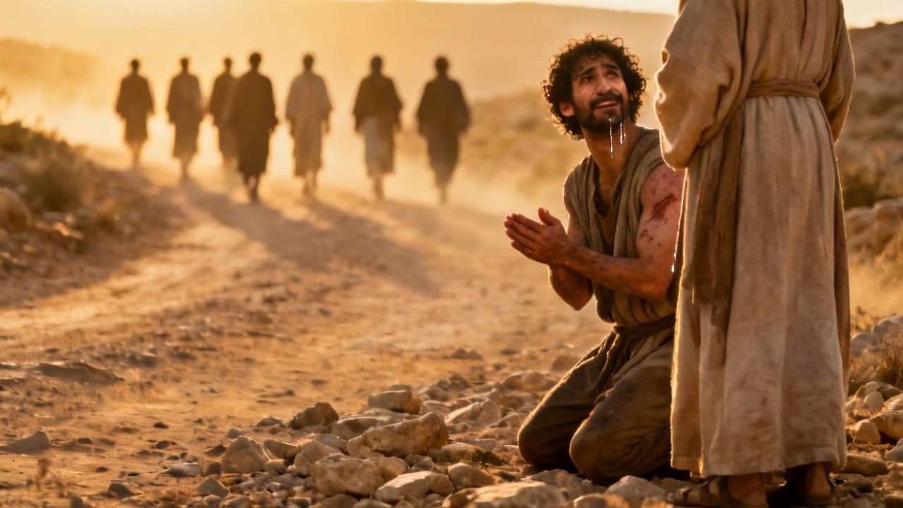 Ilustración de los diez leprosos sanados y el samaritano arrodillado agradeciendo a Jesús